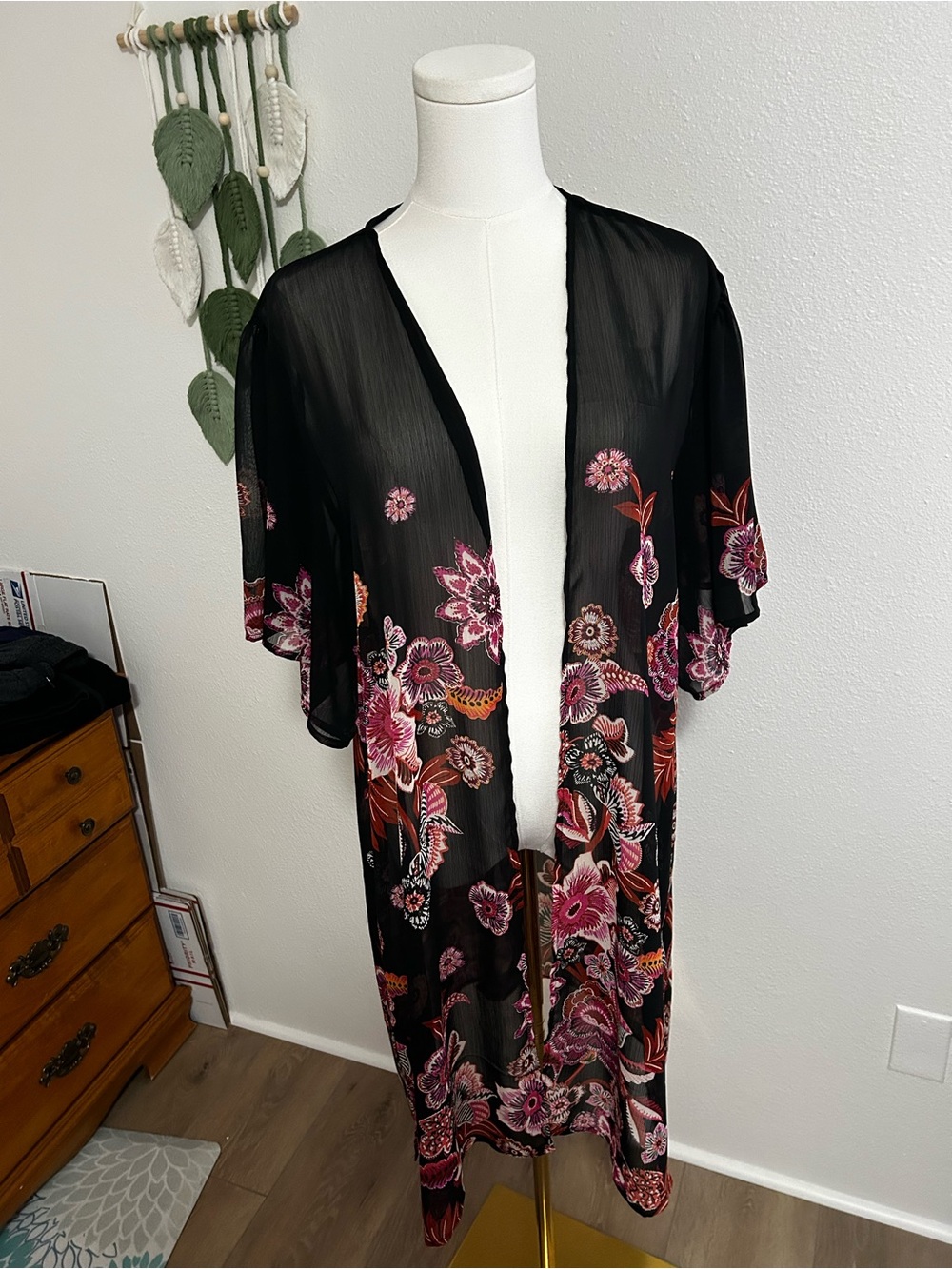 Maurices Black Sheer Floral Kimono Cardigan